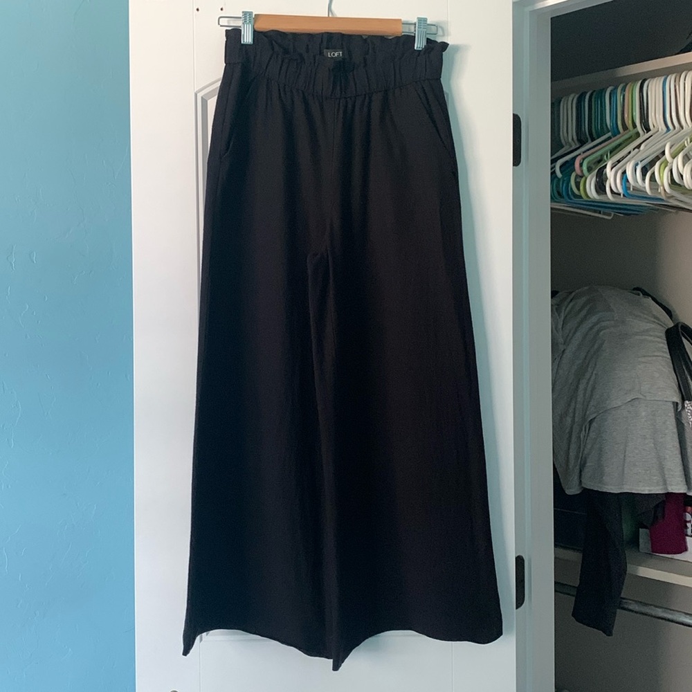 Ann Taylor Loft linen fluid drapey wide leg pants XS extra small black paper bag